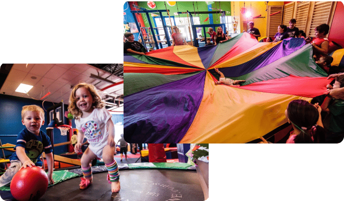 A Kids Fitness themed collage of photos featuring children playing with a parachute.